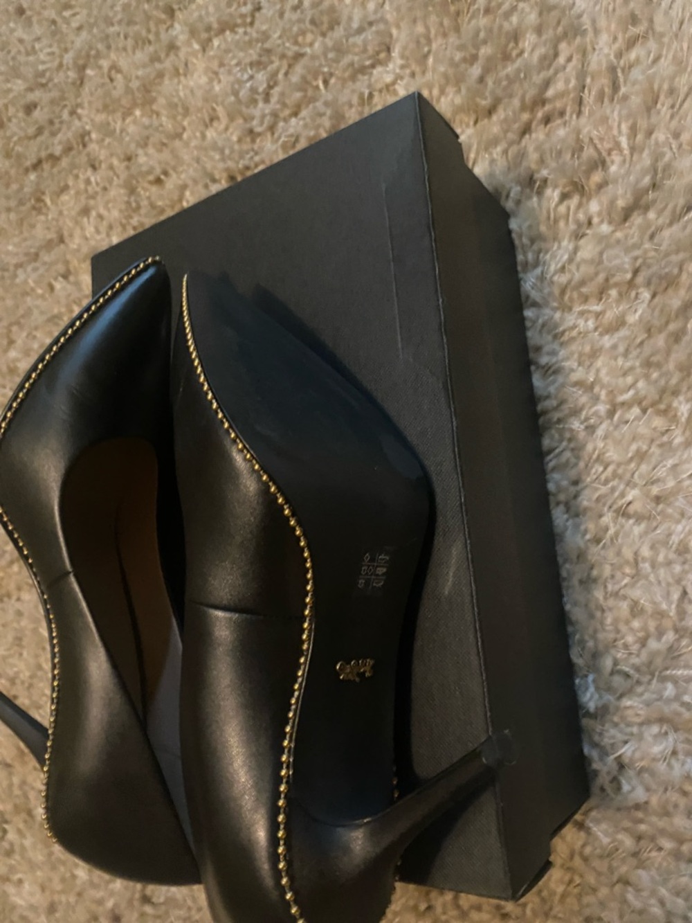 Coach Waverly 85 BChain Black Pointed Toe Leather Heels with Gold Stud Trim - Picture 10 of 10